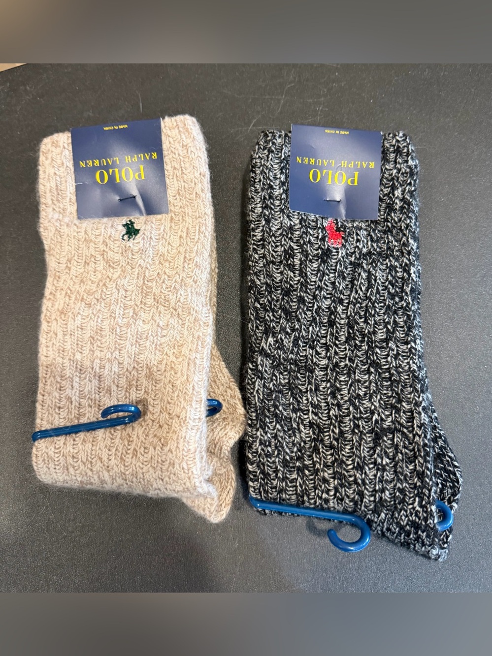 Polo Ralph Lauren Wool Blend Rag Crew Socks in Cream/Tan and Black Marl